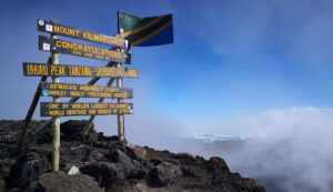 Climbers on Mount Kilimanjaro with a view of the peak.